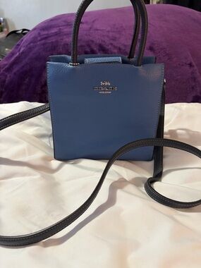 Coach Small Leather Crossbody Tote in Blue with Black Trim